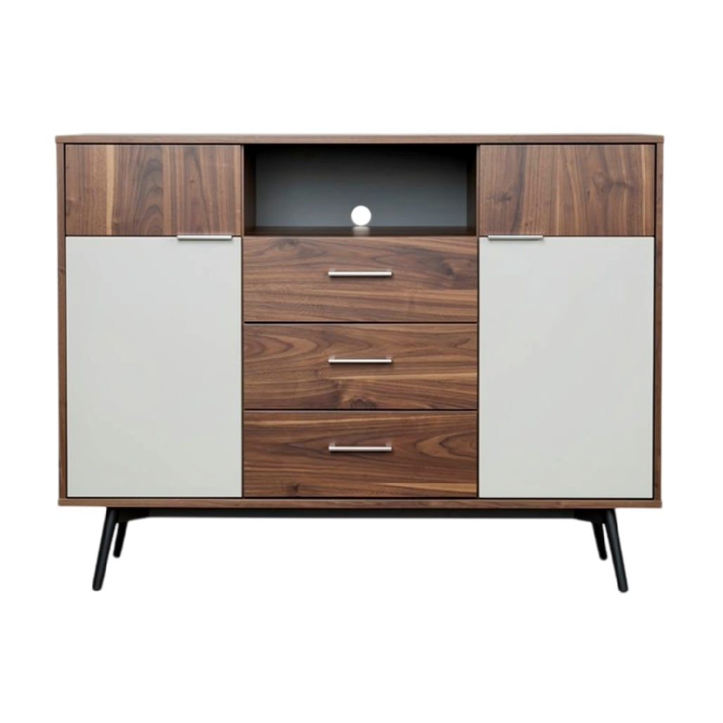 **Buffet en bois avec tiroirs et portes en verre**