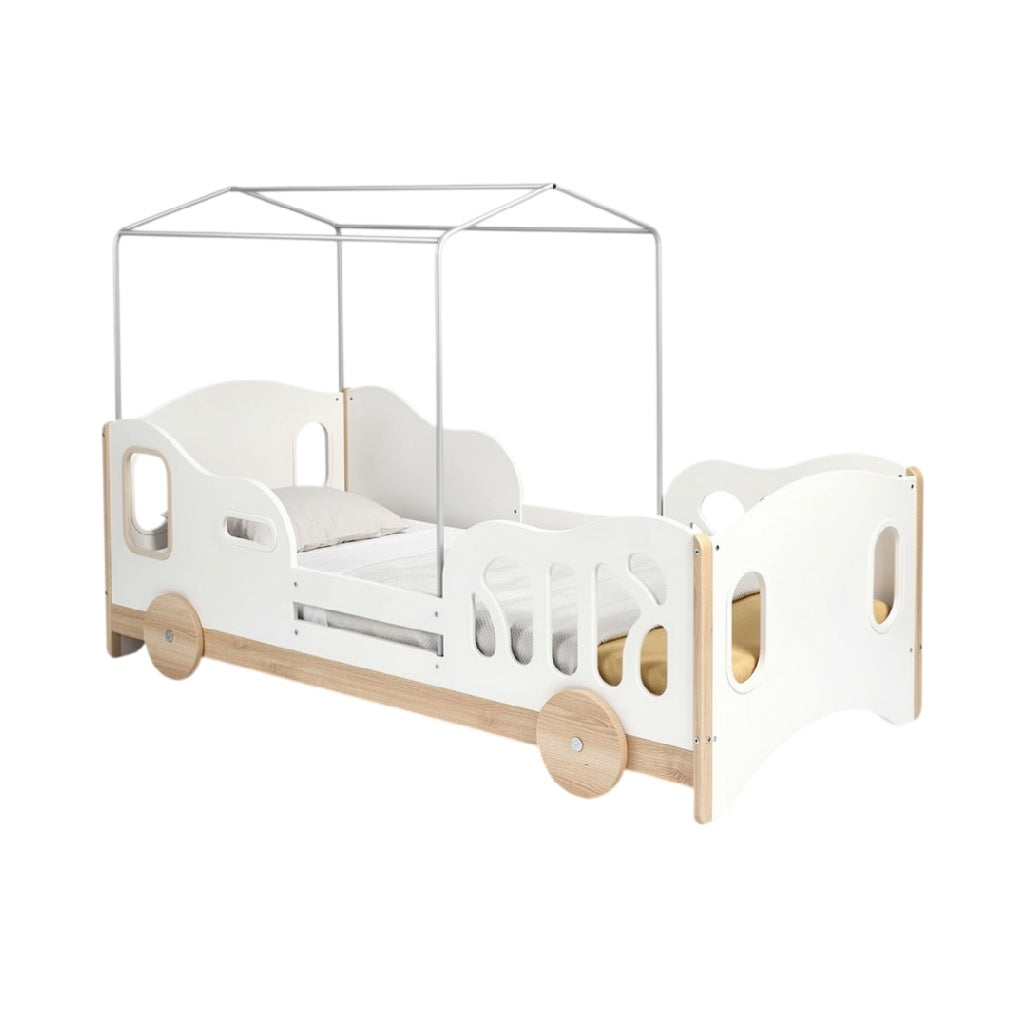 **Lit pour enfant en bois avec baldaquin et roulettes**